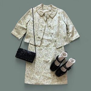 60s paisley brocade dress and jacket set | Green/blue paisley jacquard - size S